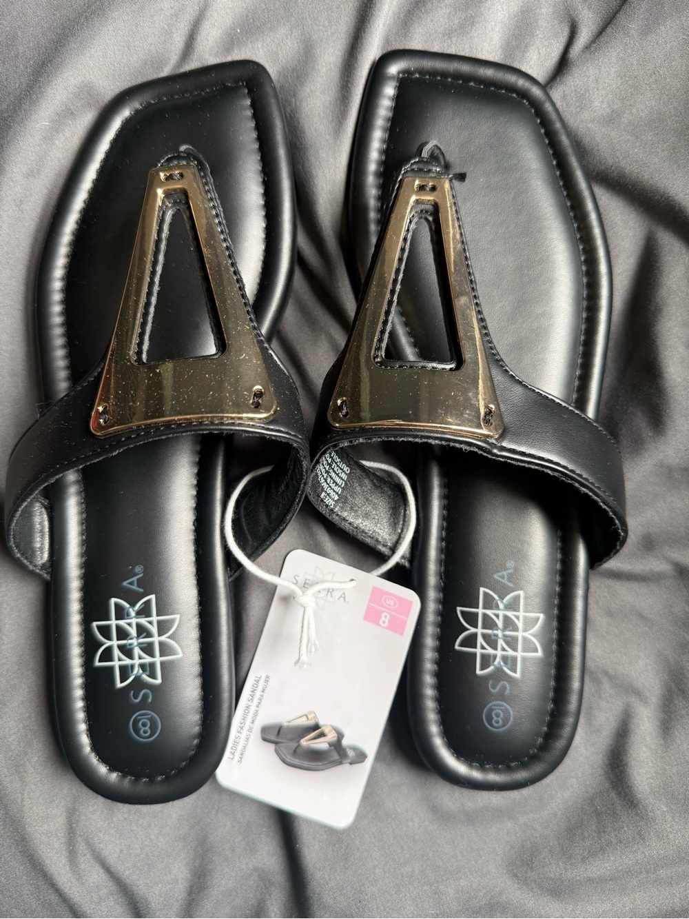 SERRA Black Slide Sandals with Gold Metal Triangle Accent 8